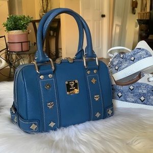 MCM Mini Boston Leather Handbag Bag Blue